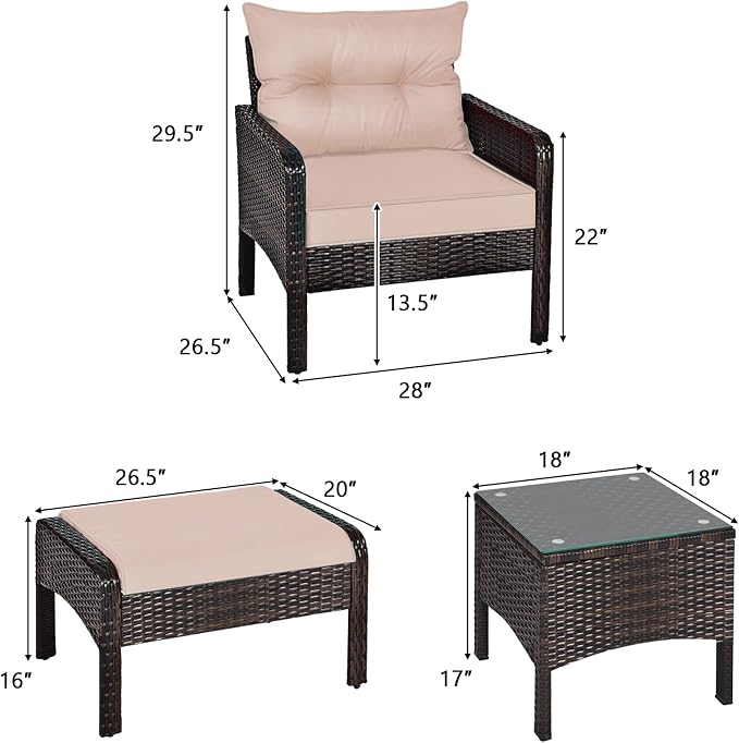 DORTALA 5 Pieces Patio Furniture Set, Outdoor Rattan Conversation Set with Cushions, Glass Table, Ottomans & Chairs, Wicker Sofa Set Backyard Porch Garden Balcony, Beige