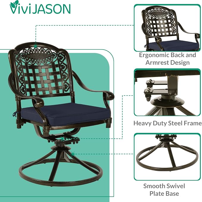 VIVIJASON 9-Piece Outdoor Dining Set, Cast Aluminum Patio Table & Chair Furniture Set for 8, Include 64" Square Dining Table, 2 Swivel Rocker Chairs, 6 Stationary Chairs, Umbrella Hole, Navy Blue