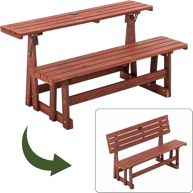 KEIKI 2-in-1 Convertible Wood Picnic Table & Bench with Umbrella Hole | 2-in-1 folding bench and picnic table with umbrella hole, solid wood frame, 500 lb bench capacity