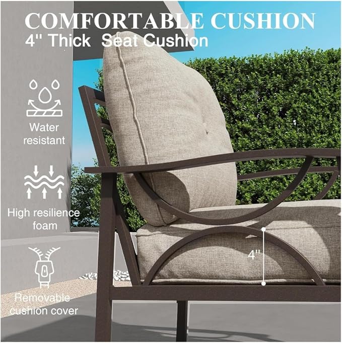 Hassyee 2 Pieces All-Weather Metal Outdoor Conversation Set with Coffee Table and Removable Cushions for Balcony, Patio Furniture Set with Modern Curved Design for Backyard, Lawn (2 PCS Set)