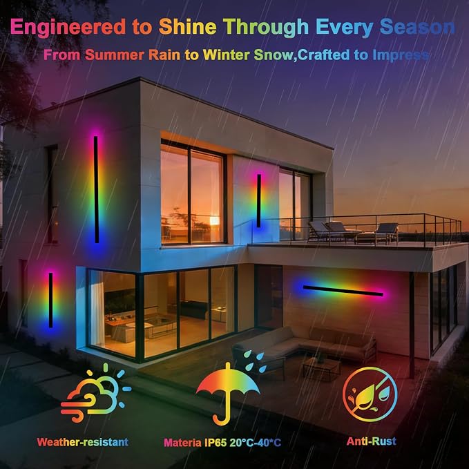 RGB Outdoor Wall Lights, Ip65 Waterproof Linear Led Modern Wall Sconce, 7 Colors and 358 Light Effects, Dimmable with Remote Modern Linear Exterior Light Fixture 59 inch (1 Pack)