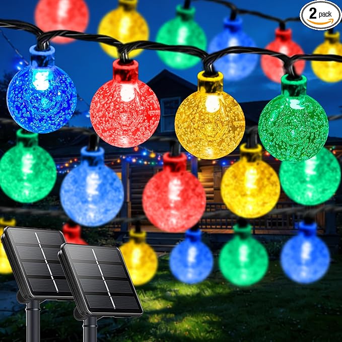Solar String Lights Outdoor 2 Pack 64FT 100 LED Multicolor Patio Lights | Crystal Globe, IP65 Waterproof, Auto On/Off, 8 Modes Solar Powered Light for Outside Wedding Party Garden Yard Decorations