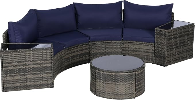 Eafurn 7 Pieces Outdoor Patio Conversation Furniture Sets All Weather Wicker PE Rattan Half-Moon Curved Sectional Sofa with Round Coffee Table, 4 Pillows & Waterproof Cover for Backyard