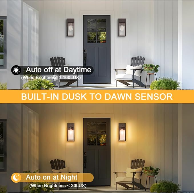 Dusk to Dawn Outdoor Light Fixtures Wall Mount, Outdoor Porch Lights with Outlet, Dusk to Dawn Outdoor Lighting for Doorway, Garage- Bronze
