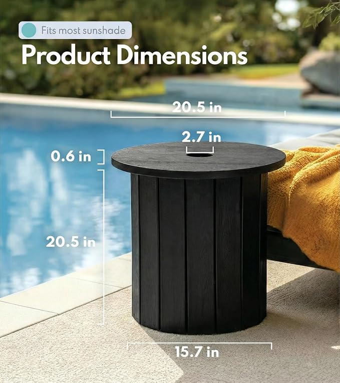 PASAMIC 2-in-1 Patio Table Umbrella & Outdoor Side Table, Large Round Small Outdoor Table with Umbrella Hole, Fits 1.5-1.9in Pole, 5Gal Water Bag Base, HDPE for Poolside, Deck, Garden Use, Black