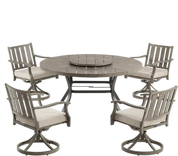PEAK HOME FURNISHINGS Outdoor Aluminum Dining Set, 60" Round Dining Table with 4 Swivel Dining Chairs