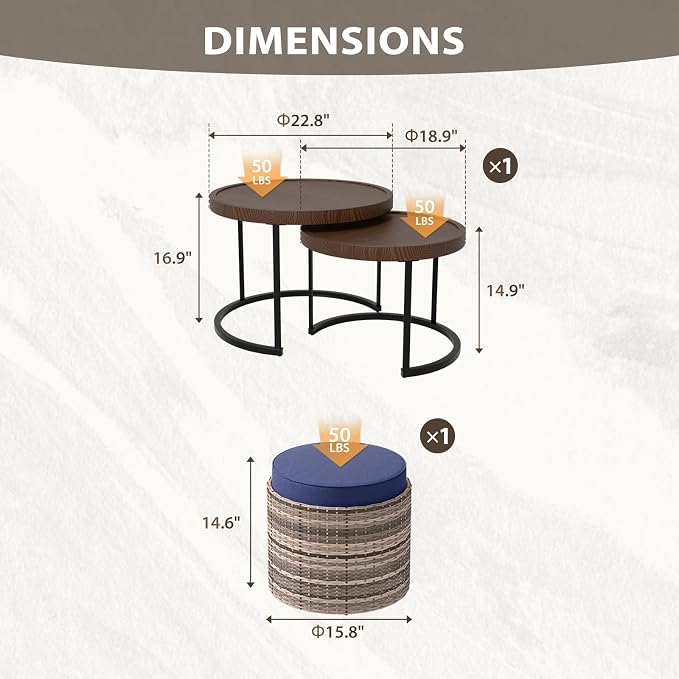 EAGLE PEAK Sunset Dune Collection Round Modern Nesting Coffee Tables, Wood Grain Top Stacking Accent Tables, Matching Ottoman, Indoor Outdoor, Set of 3, Blue