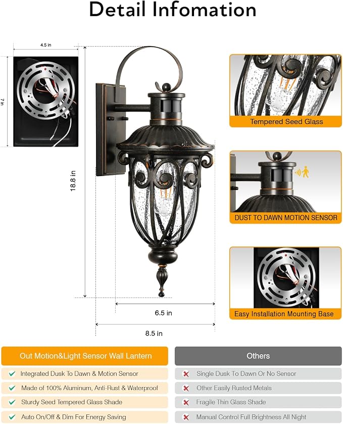 VIANIS Outdoor Motion Sensor Light, Dusk to Dawn Outdoor Light Fixtures, 2 Pack Outside Lights for House, Anti-Rust Bronze Outdoor Wall Lights for House, Garage, Entryway, Seed Glass, Vintage Style