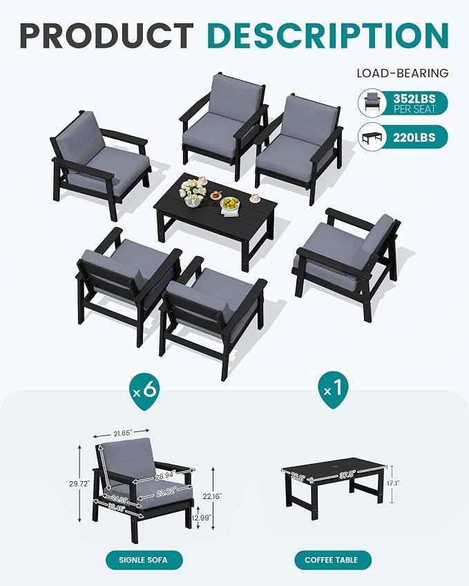 SERWALL HDPE Outdoor Furniture Set, 7 Piece All Weather Wood-Like Outdoor Sofa Sectional Couch, Black Patio Furniture Set with Grey Cushions