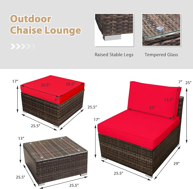 Tangkula 5 Piece Wicker Lounge Chair Set, with Tempered Glass Coffee Table, Outdoor Conversation Sets w/Washable Zippered Cushions, Includes 2 Armless Sofas, 2 Ottomans and 1 Side Table (Red)