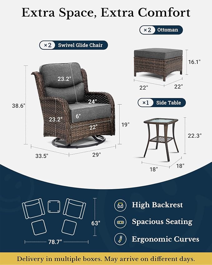 HILLGA 5-Piece Luxury Patio Furniture Set with 6" Thick Cushions, Weather-Resistant Wicker High Back Swivel Rocker Chairs, Senior-Friendly Conversation Set for Small Porch, Deck and Sunroom, Gray(V2)