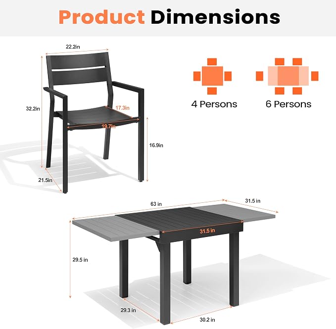 Pellebant 7-Piece Aluminum Outdoor Dining Set for 6, Stackable Contoured Seat Armrest Chairs with 17.3" Depth, Expandable Patio Table – Weather-Resistant Furniture for Deck, Porch & Backyard