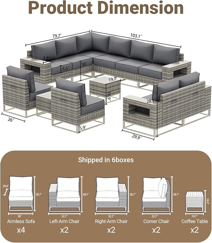 Outdoor Patio Furniture Set 12-Piece PE Rattan Wicker Outdoor Sectional Sofa with Thickened Cushions and Chunky Arms, Modern Modular L-Shaped Conversation Set for Garden, Backyard, Slate Grey