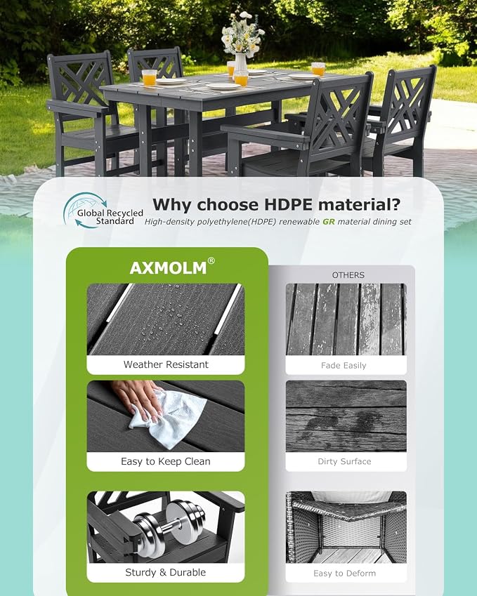 5 Piece HDPE Outdoor Dining Set for 4 Patio Dining Furniture Set with Umberlla Hole, Weather Resistent Outdoor Table and Chairs for Garden, Poolside, Backyard, Deck, Grey