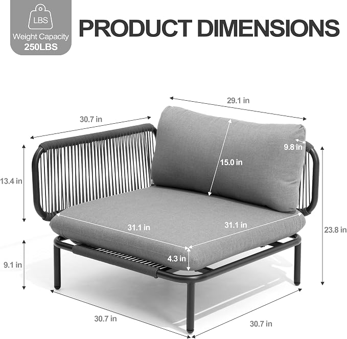 6-Piece Patio Furniture Set, Oversized Outdoor Sectional Sofa with Thick Cushions, Weather-Resistant Metal Frame Conversation Set for Backyard, Garden, Poolside - Dark Grey Cushions