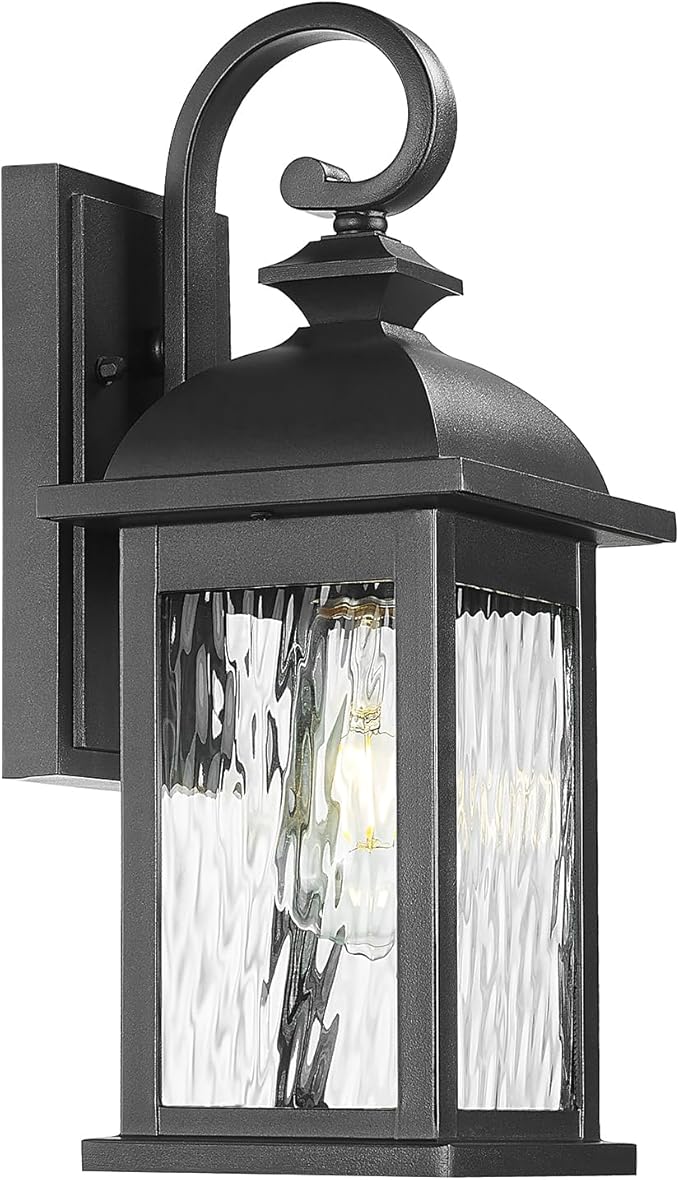 FEMILA Outdoor Wall Light Fixture, 1-Light Exterior Waterproof Wall Sconce, 15" Front Porch Lights, Anti-Rust Matte Black Finish with Water Ripple Glass, 4FD54B BK-WP