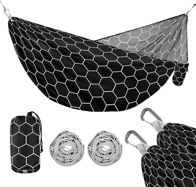 Camping Hammock Outdoor Hammocks for Outside Hexagonal Grid Black Beach Trees Portable Lightweight with Pockets Tree Straps Indoor