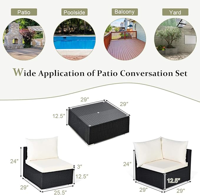 COSTWAY 7 Pieces Patio Furniture Set, Outdoor Rattan Conversation Set with 6 Seats, Coffee Tea Table, Soft Cushions, Wicker Patio Sectional Sofa for Garden Balcony Porch Poolside, Beige