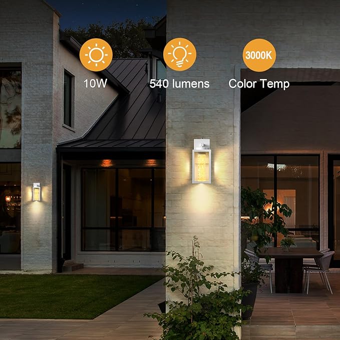 VIANIS White Outdoor Sconce Lights Integrated 10W LED Light Source, Waterproof Exterior Light Fixture Wall Mount Lantern for House Patio, Modern Porch Lights Outdoor Crystal Bubble Glass, Anti-Rust