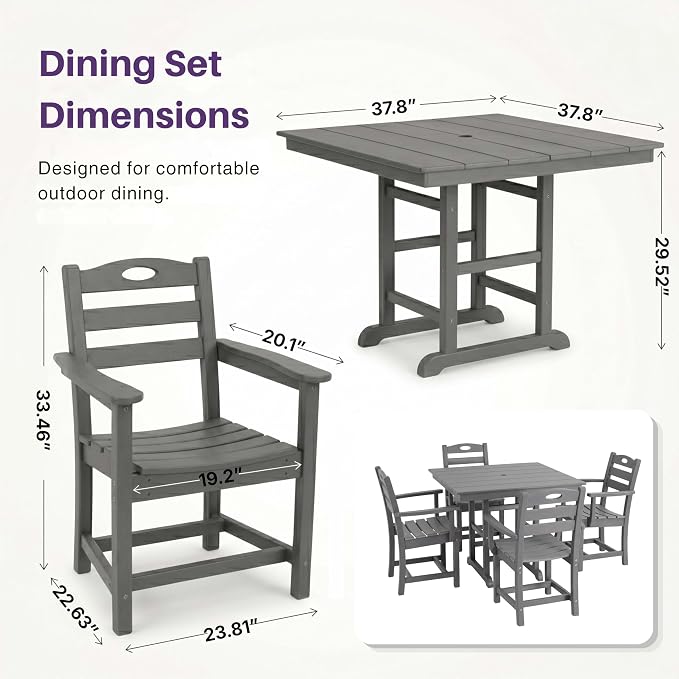 WILLIAMSPACE 37.8" Outdoor Patio Dining Set with 4 Armchairs, All Weather HDPE Square Dining Table with Umbrella Hole, Patio 5-Piece Bistro Set for Backyard, Balcony, Lawn, Kitchen (Gray)