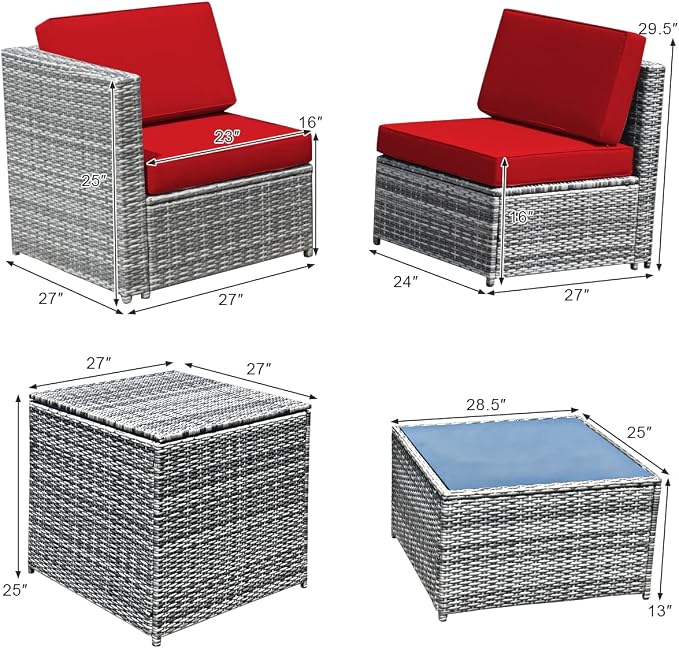 RELAX4LIFE 8-Piece Patio Furniture Set - PE Wicker Conversation Set w/Soft Cushions & Tempered Glass Storage Table, Outdoor Sectional Sofa Set for Garden, Poolside, Backyard (Red)