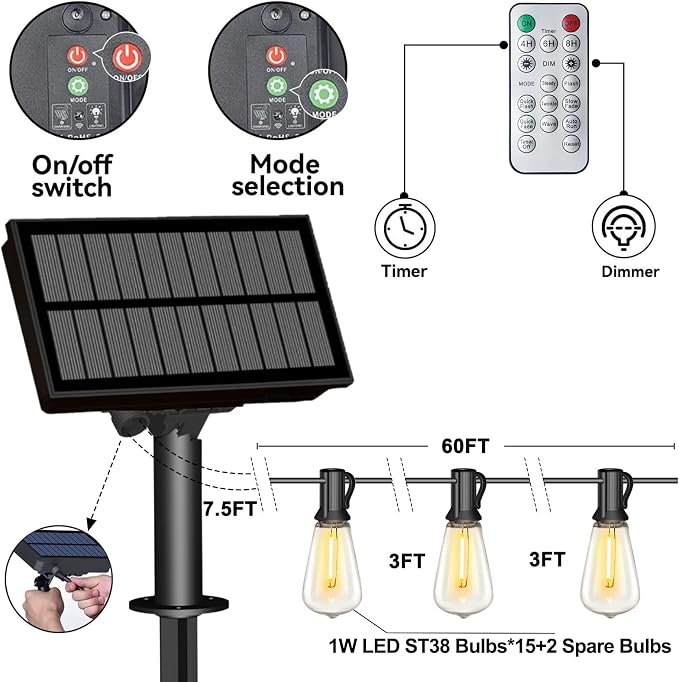 Stright 60FT Solar String Lights Weatherproof 15 LED for Patio Holiday | Weatherproof with Remote, Solar Powered LED Edison Bulb, 15 Sockets, For Patio Backyard Fence