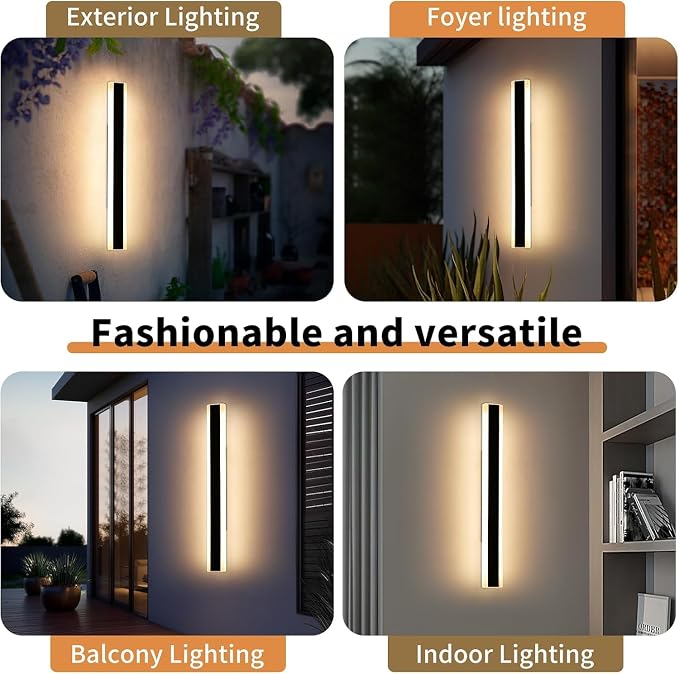 Modern Long Wall Sconces, 31.4inch Patio Wall Lights, 3000K Warm White Light, Black Minimalist Style, White Frosted Acrylic Panel, IP65 Waterproof Outdoor Wall Light Fixture for House, Garage, Garden