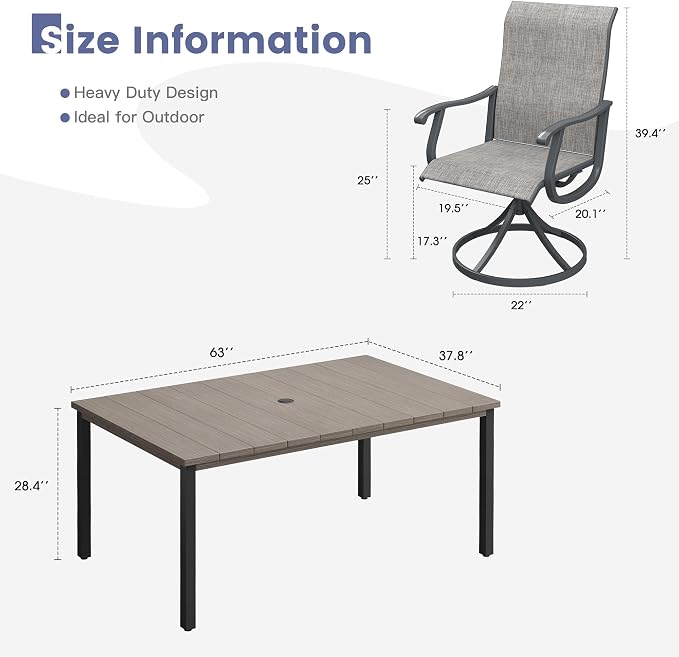 VICLLAX 7 Pieces Patio Dining Set, Patio Furniture Set of 6 Patio Swivel Dining Chairs and Rectangular Patio Table, Grey Chairs & Antique Grey Tabletop