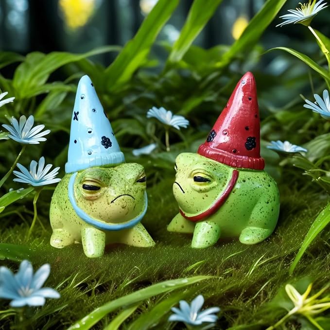 Charming Resin Frog Figurines with Hats, Miniature Garden Animal Statues, Decorative Flower-Themed Fairy Garden Accents for Succulent Planters, Outdoor & Indoor