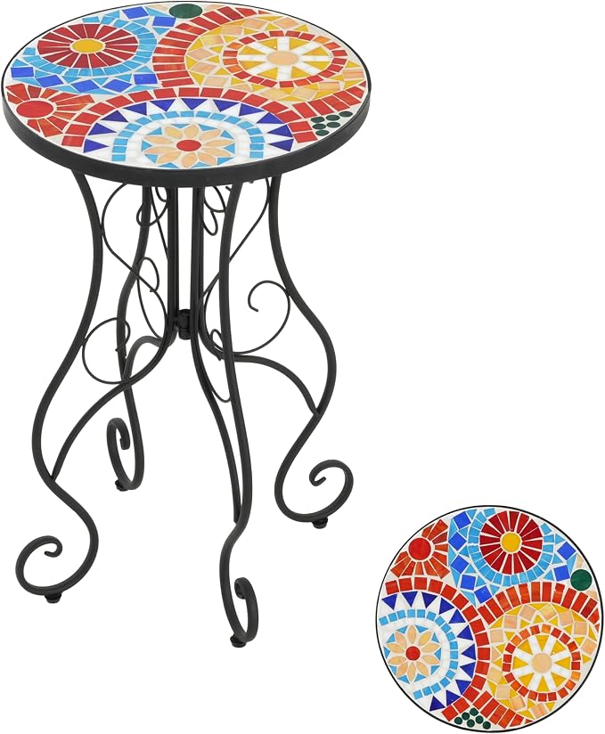 Christopher Knight Home Glady Outdoor Round Side Table, Patio End Table with Ceramic Top and Metal Frame, Small Decorative Accent Table for Patio Garden Porch Balcony, Colorful Gears