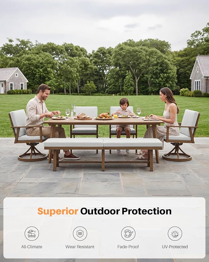 6-Piece Never-Rust Aluminum Bench Dining Table Set, Patio Dining Set with Umbrella Hole, Outdoor Bench with Rectangular Table, 2 Dining Chairs and 2 Swivel Chairs for Deck, Backyard, Teak