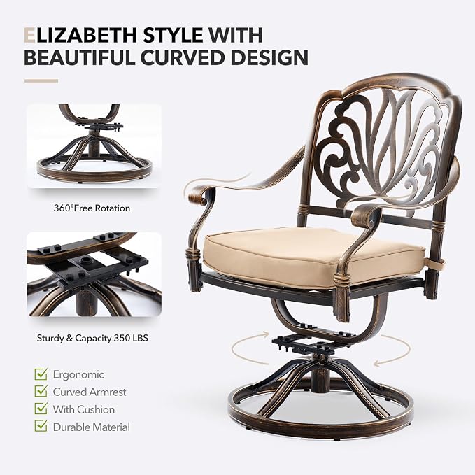 Outdoor Dining Set Cast Aluminum Retro Patio Dining Set with Thicker Cushion and Umbrella Hole for Patio Deck (Bronze Swivel Chair(Elizabeth), 7 Pcs(54" Round Table))