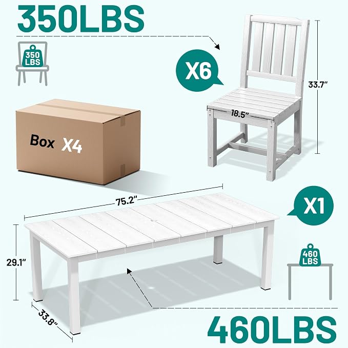PLUUV 7-Piece Outdoor Dining Set – HDPE Patio Furniture with Umbrella Hole Table, Aluminum Legs, and 6 Armless Chairs, Weatherproof & Easy-Clean for Backyard, Garden, White