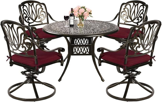 MEETWARM 5-Piece Outdoor Patio Dining Set, All-Weather Cast Aluminum Patio Conversation Set for Backyard Garden Deck with 4 Cushions Swivel Rocker Chairs and 35.4" Round Table, Chili Red