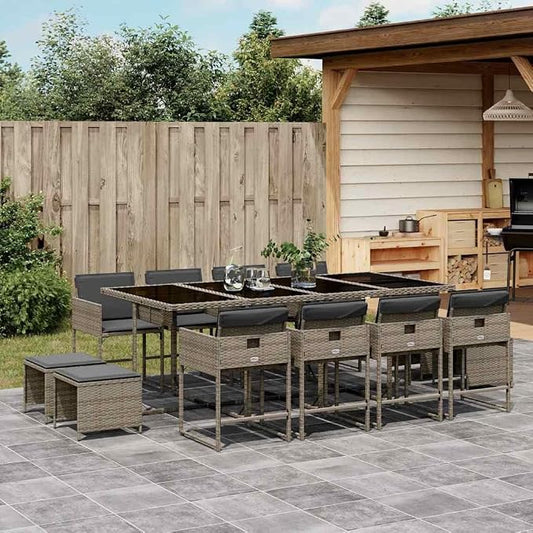 13 Piece Outdoor Dining Set with Cushions Gray Poly Rattan Patio Furniture with Folding Chairs, Tempered Glass Table, Space-Saving Storage, 8 Chairs & 4 Stools for Garden Backyard Entertaining