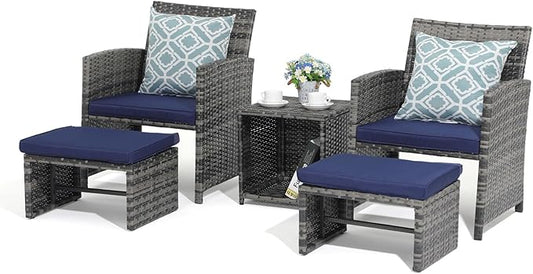 OC Orange-Casual 5 Piece Patio Furniture Set, Wicker Outdoor Conversation Chair and Ottoman Set with Coffee Table, for Balcony, Porch, Deck, Navy Blue