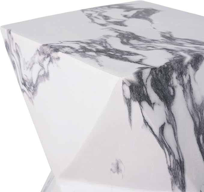 Outdoor Side Table Faux Marble Square Side Table Hourglass End Tables Small Coffee Tables for Patio Garden Stool for Porch, Backyard Balcony,12.2",Weather Resistant, White & Black