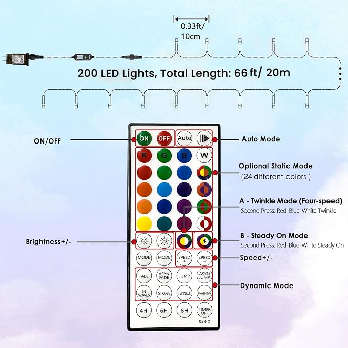 Smart Color Changing Christmas Lights String with Remote 66FT 200 LED RGB | Remote Control, 8 Modes, Timer, Adjustable brightness, Waterproof Lights for Indoor Outdoor Classroom Christmas Decor