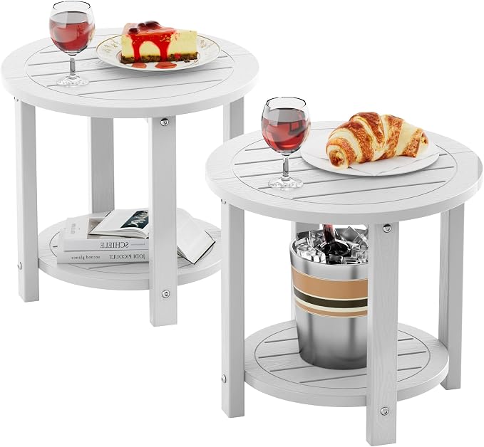 YEFU Outdoor Side Table for Patio: 16in HIPS Small Round Outdoor End Table - 2-Tier Adirondack Tables for Porch Patio Yard Poolside Living Room Beach Bedroom (White, 2 Pack)