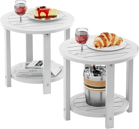 YEFU Outdoor Side Table for Patio: 16in HIPS Small Round Outdoor End Table - 2-Tier Adirondack Tables for Porch Patio Yard Poolside Living Room Beach Bedroom (White, 2 Pack)