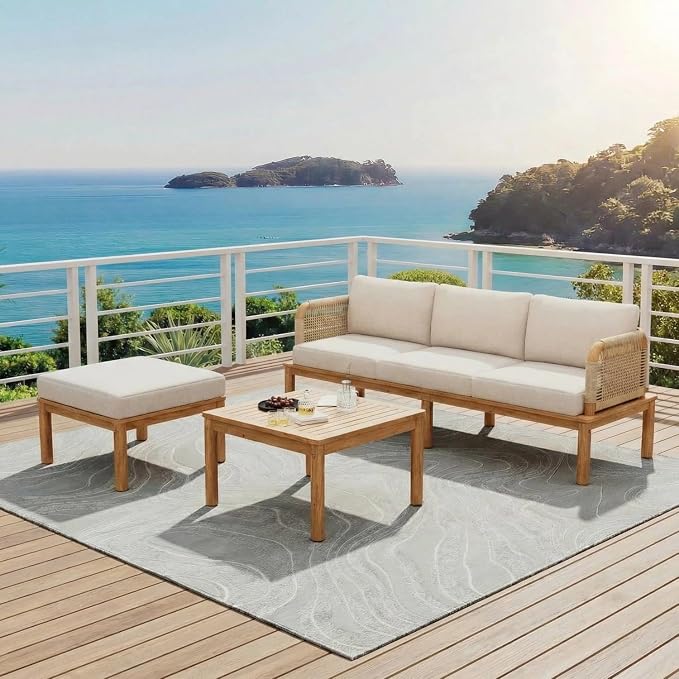 Patio Furniture Set of 3, Outdoor Sectional Furniture with Coffee Table and Ottoman, All-Weather Patio Conversation Set for Backyard, Garden and Poolside (Series A)