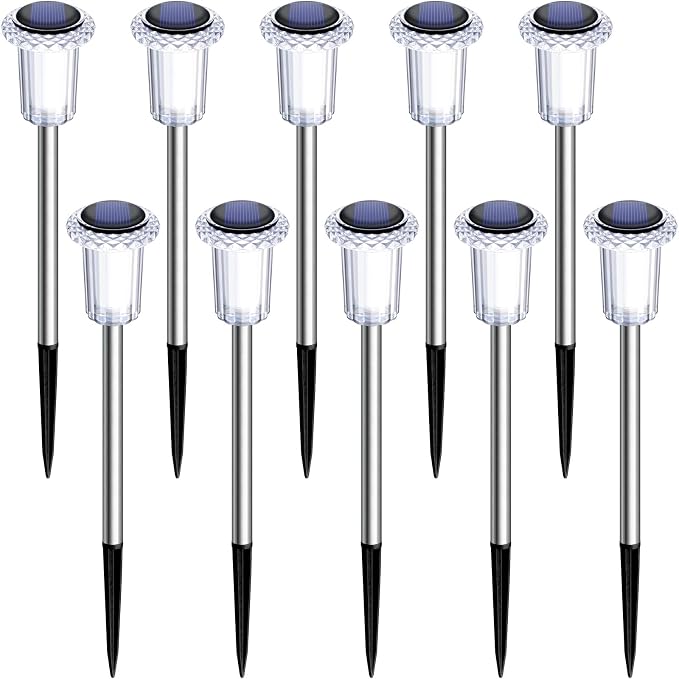 10 Pack Solar Pathway Lights Outdoor Waterproof, Cool White LED | Solar Lights Outdoor for Yard Garden Outside Walkway Driveway Landscape Lighting, Auto On/Off Stainless Steel Stake Lights