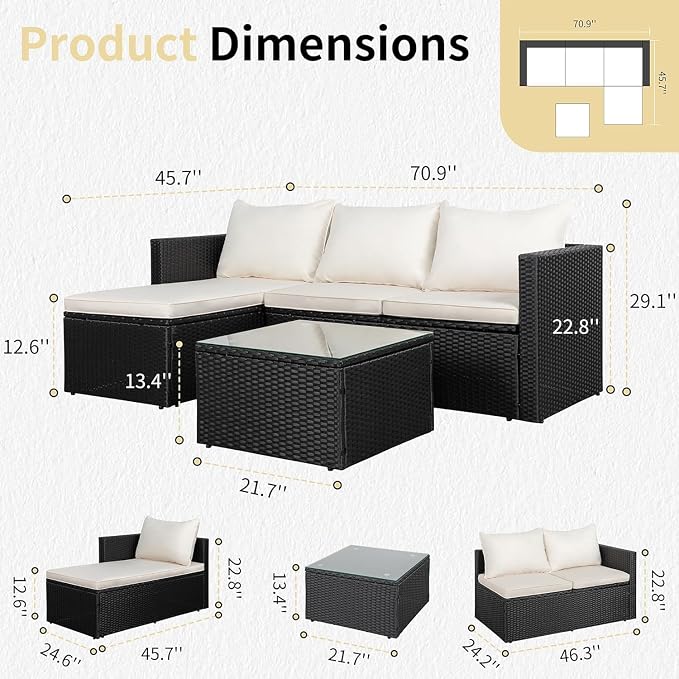JAMFLY Beige 3-Piece Patio Furniture with Glass Coffee Table for Balcony | All-Weather PE Wicker, Thick Washable Cushions, Modular Conversation Seating for Porch, Deck & Garden
