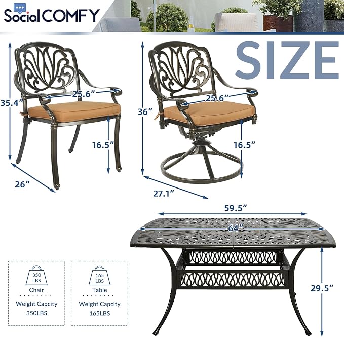 9-Piece Patio Cast Aluminum Dining Set, Outdoor Dining Furniture Set for 8 Person, Includes 64" Square Table, 6 Stationary and 2 Swivel Dining Chairs with Umbrella Hole, Tan