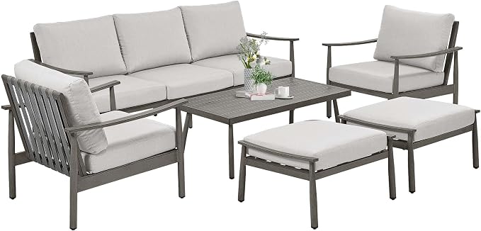 HAPPATIO Patio Outdoor Furniture Set - 6 Pieces Aluminum Outdoor Conversation Set with 1 Three-Seater Sofa, 1 Coffee Table, 2 Armchairs, and 2 Ottomans for Yard, Porch, and Deck (Grey)