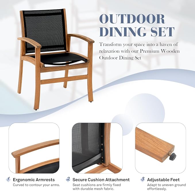 OC Orange-Casual Patio Furniture Set, Acacia Wood Patio Dining Set for 6-8, Outdoor Expandable Table and Chairs Set with Umbrella Hole and Breathable Textilene Fabric for Garden (Black, 7 Pieces)