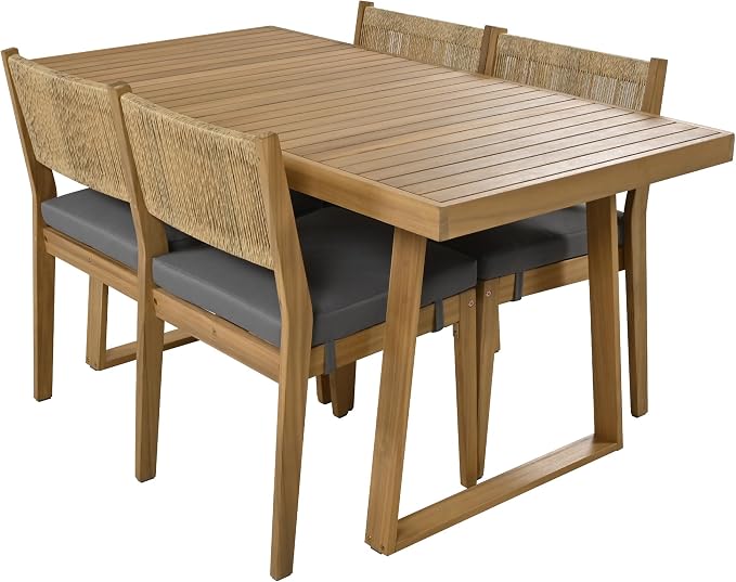 5 Pieces Outdoor Acacia Wood Dining Table Set with 63" L Table and 4 Chairs, Multi-Person Patio Dinner Set with Thick Cushions for Balcony, Backyard, Garden or Poolside, Natural Gray