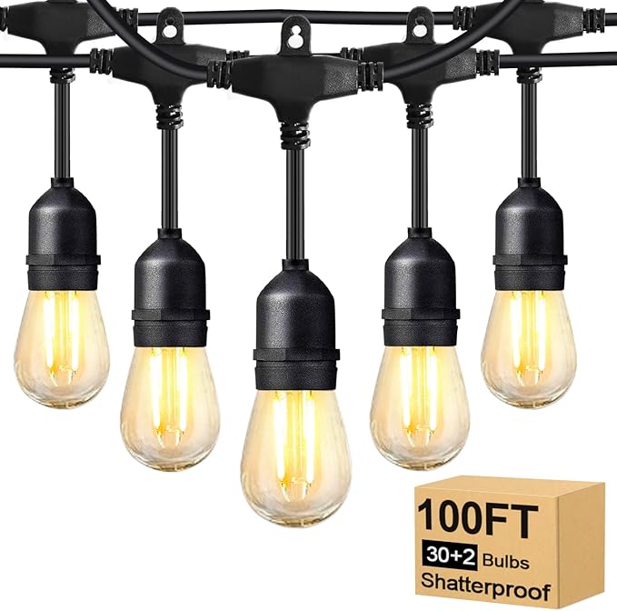 2W 100FT Outdoor String Light Commercial Grade with 32 S14 LED Bulbs | Shatterproof Dimmable Patio String Lights Heavy Duty Waterproof for Bistro Cafe Market 2700K