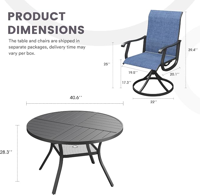5 Pieces Patio Furniture Dining Set, 4 Textilene Swivel Dining Chairs, 41" Outdoor Round Metal Table with Storage Shelf and 1.57" Umbrella Hole, Outdoor Dining Set for Porch, Lawn, Black/Blue