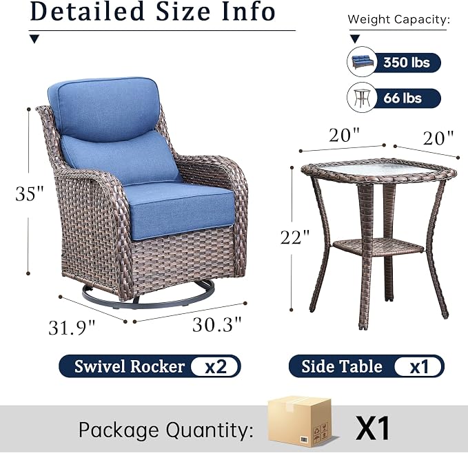 Luxury High Back Outdoor Swivel Rocker Patio Chairs with Side Table & 6-Inch Thick Cushions, 3 Pieces Patio Furniture Set for Porch, Balcony, Deck and Yard